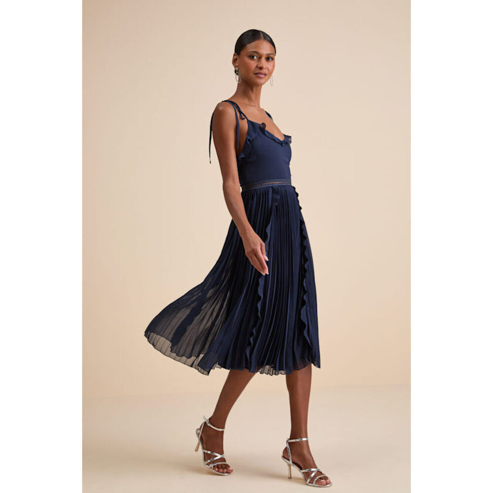 Lulus Never A Dull Moment Navy Tie-strap Pleated Midi Dress Blue - Size S